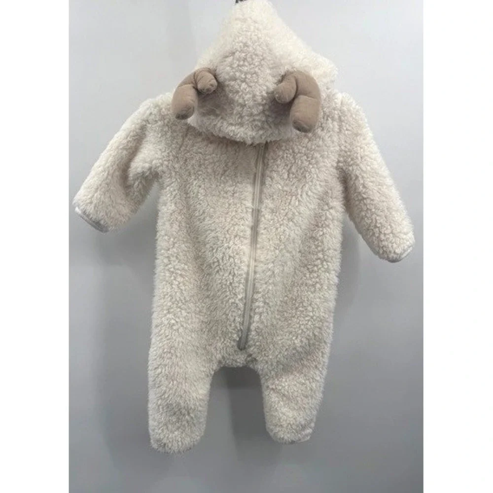 Pottery Barn Kids Ivory Reindeer Sherpa One-Piece Fleece SZ 6-12mo Holiday Cozy